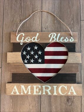 God Bless America Heart Flag Wall Decor - Rustic Red, White & Blue
